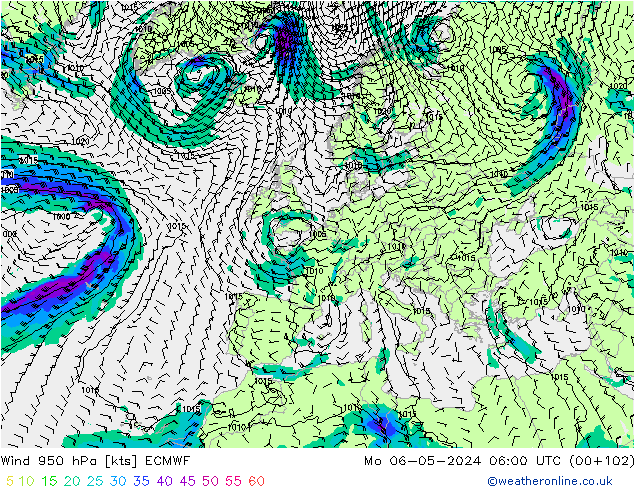 Rüzgar 950 hPa ECMWF Pzt 06.05.2024 06 UTC