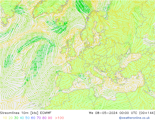 Streamlines 10m ECMWF We 08.05.2024 00 UTC