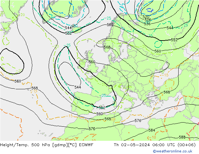 Height/Temp. 500 hPa ECMWF Th 02.05.2024 06 UTC