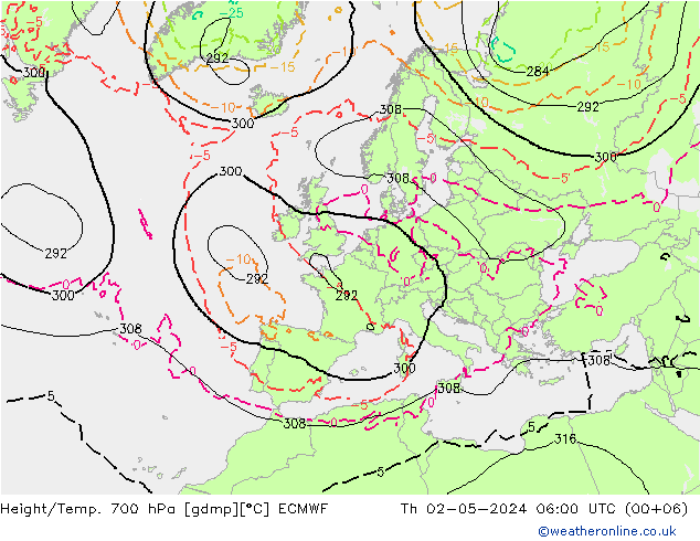 Height/Temp. 700 hPa ECMWF Do 02.05.2024 06 UTC