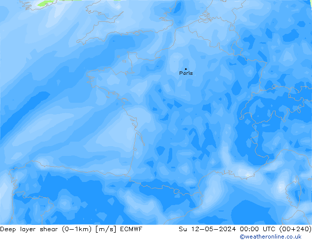 Deep layer shear (0-1km) ECMWF dim 12.05.2024 00 UTC