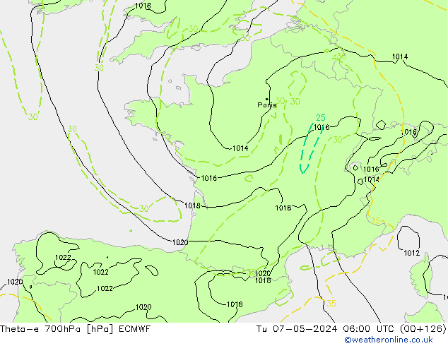 Theta-e 700hPa ECMWF Tu 07.05.2024 06 UTC