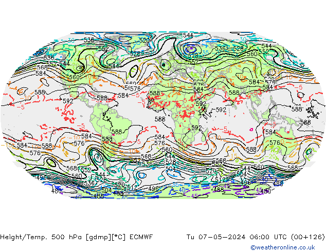 Z500/Rain (+SLP)/Z850 ECMWF wto. 07.05.2024 06 UTC