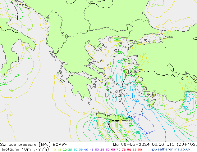 Isotachs (kph) ECMWF  06.05.2024 06 UTC