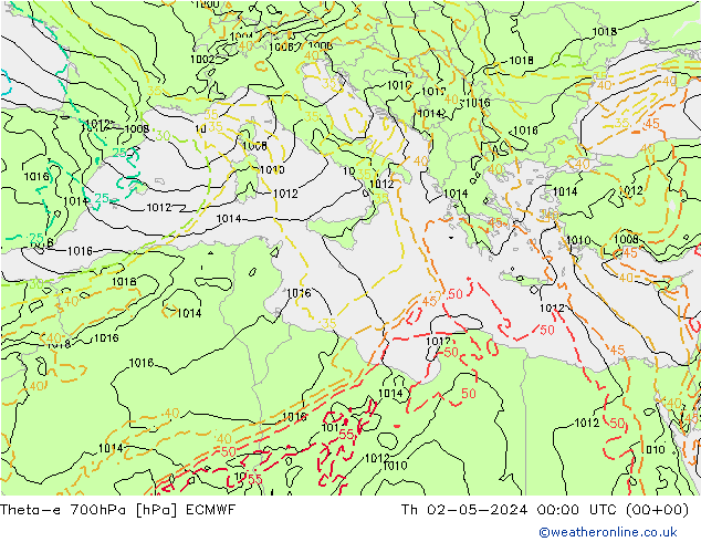 Theta-e 700hPa ECMWF czw. 02.05.2024 00 UTC