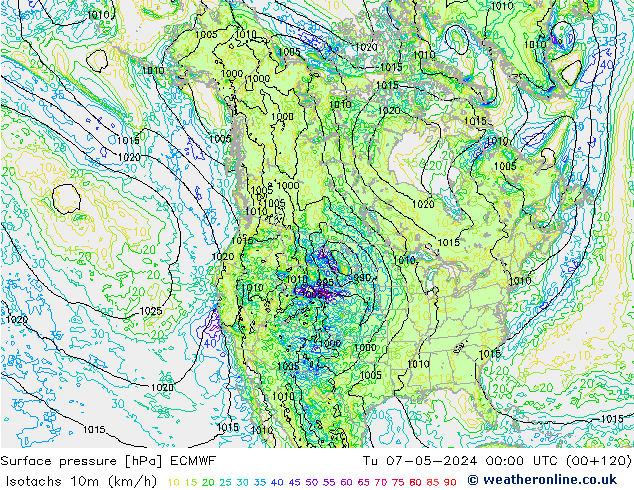 Isotachs (kph) ECMWF Tu 07.05.2024 00 UTC