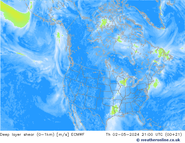 Deep layer shear (0-1km) ECMWF gio 02.05.2024 21 UTC