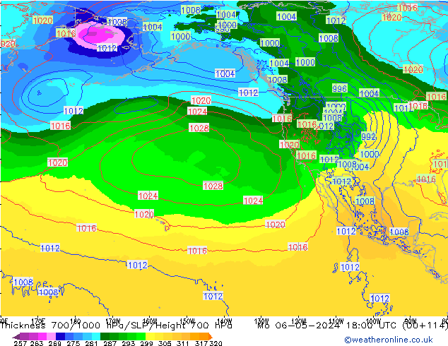 Thck 700-1000 hPa ECMWF pon. 06.05.2024 18 UTC