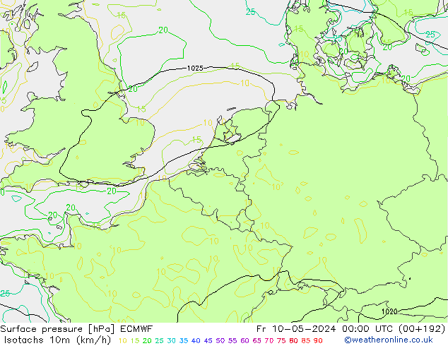 Izotacha (km/godz) ECMWF pt. 10.05.2024 00 UTC