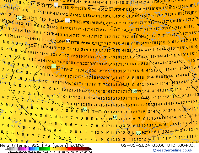 Height/Temp. 925 hPa ECMWF Do 02.05.2024 03 UTC