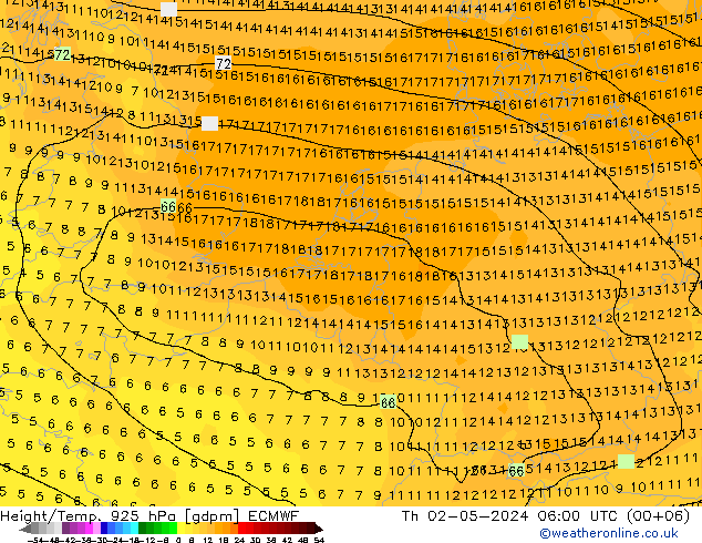 Height/Temp. 925 hPa ECMWF Th 02.05.2024 06 UTC