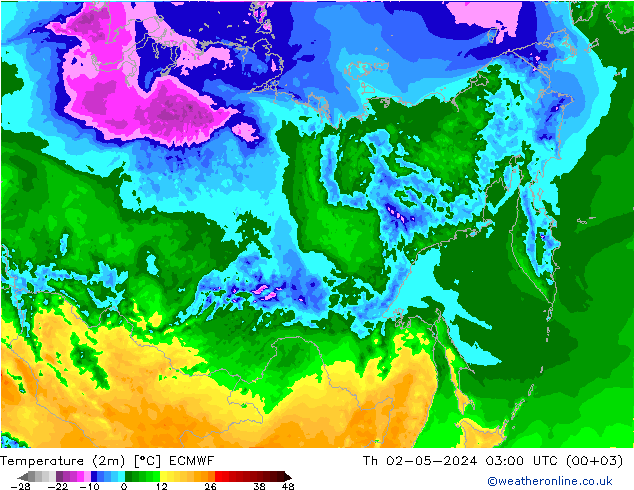 Temperature (2m) ECMWF Th 02.05.2024 03 UTC