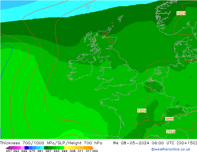 Thck 700-1000 hPa ECMWF We 08.05.2024 06 UTC