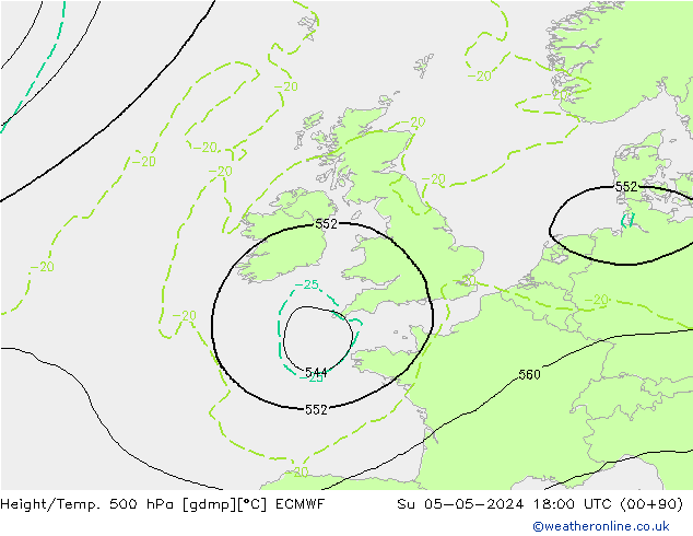 Z500/Yağmur (+YB)/Z850 ECMWF Paz 05.05.2024 18 UTC