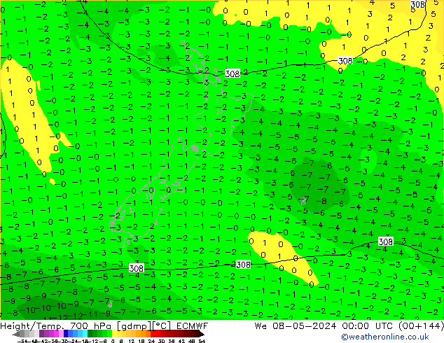 Height/Temp. 700 hPa ECMWF We 08.05.2024 00 UTC