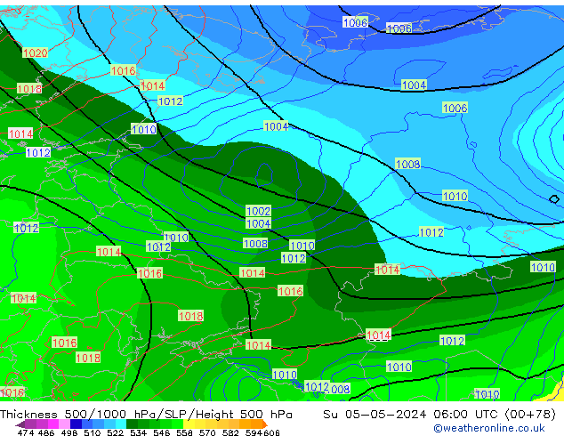 Thck 500-1000hPa ECMWF Su 05.05.2024 06 UTC