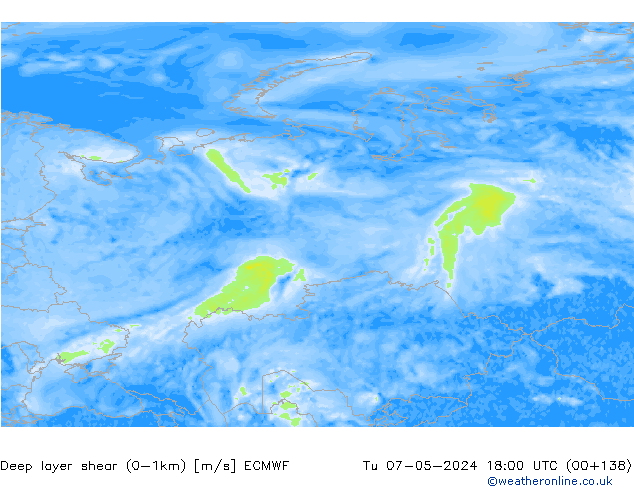 Deep layer shear (0-1km) ECMWF Tu 07.05.2024 18 UTC