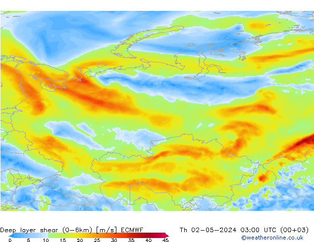 Deep layer shear (0-6km) ECMWF do 02.05.2024 03 UTC