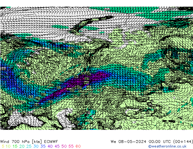 Wind 700 hPa ECMWF Mi 08.05.2024 00 UTC