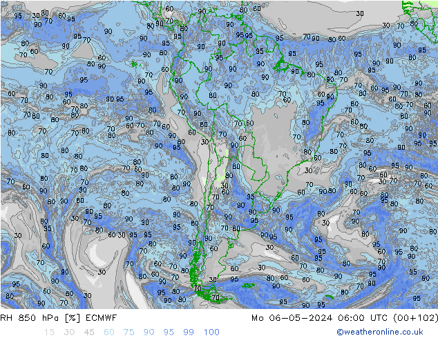 Humidité rel. 850 hPa ECMWF lun 06.05.2024 06 UTC