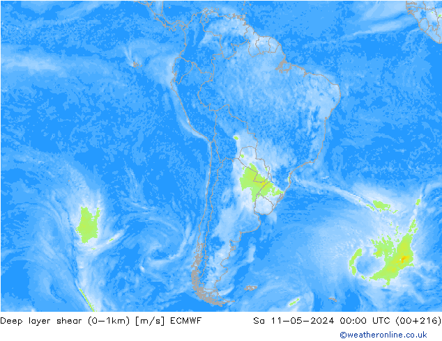 Deep layer shear (0-1km) ECMWF sáb 11.05.2024 00 UTC