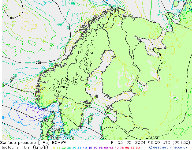 Isotachs (kph) ECMWF пт 03.05.2024 06 UTC