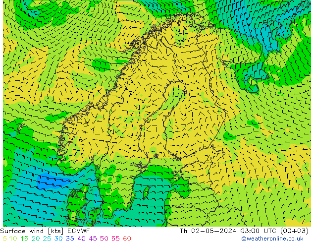 Surface wind ECMWF Čt 02.05.2024 03 UTC