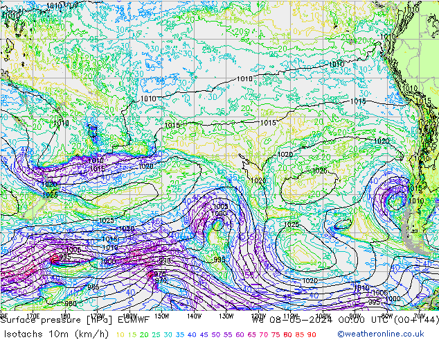 Isotachs (kph) ECMWF We 08.05.2024 00 UTC