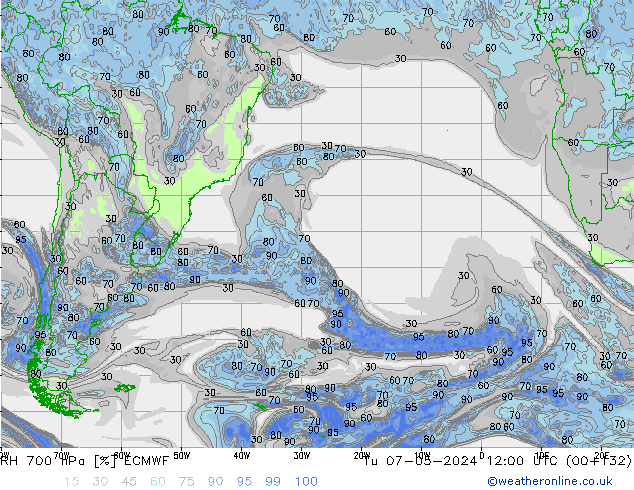 RH 700 hPa ECMWF wto. 07.05.2024 12 UTC