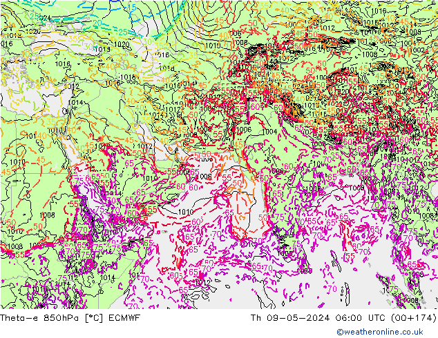 Theta-e 850hPa ECMWF Čt 09.05.2024 06 UTC