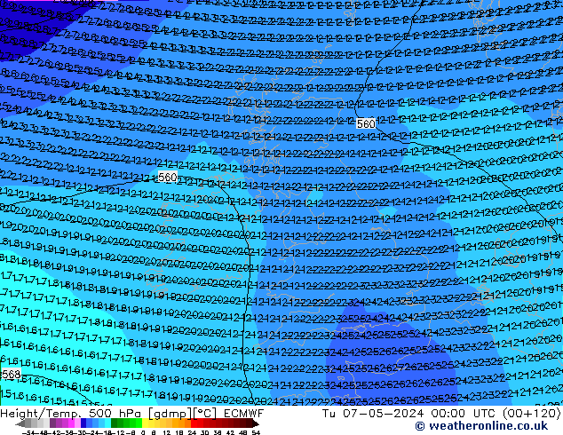 Z500/Rain (+SLP)/Z850 ECMWF Út 07.05.2024 00 UTC