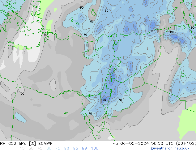 Humidité rel. 850 hPa ECMWF lun 06.05.2024 06 UTC