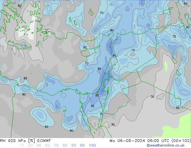 Humidité rel. 925 hPa ECMWF lun 06.05.2024 06 UTC