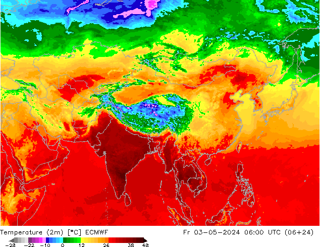 Temperatuurkaart (2m) ECMWF vr 03.05.2024 06 UTC