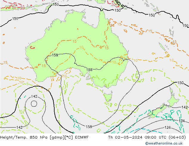 Geop./Temp. 850 hPa ECMWF jue 02.05.2024 09 UTC