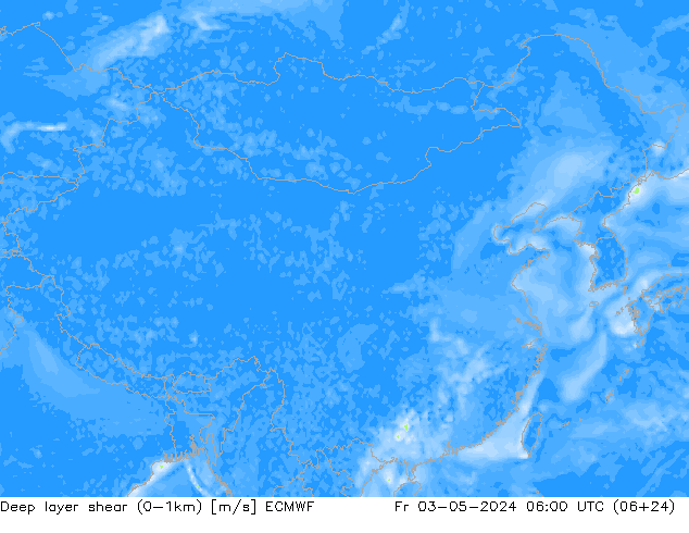 Deep layer shear (0-1km) ECMWF 星期五 03.05.2024 06 UTC