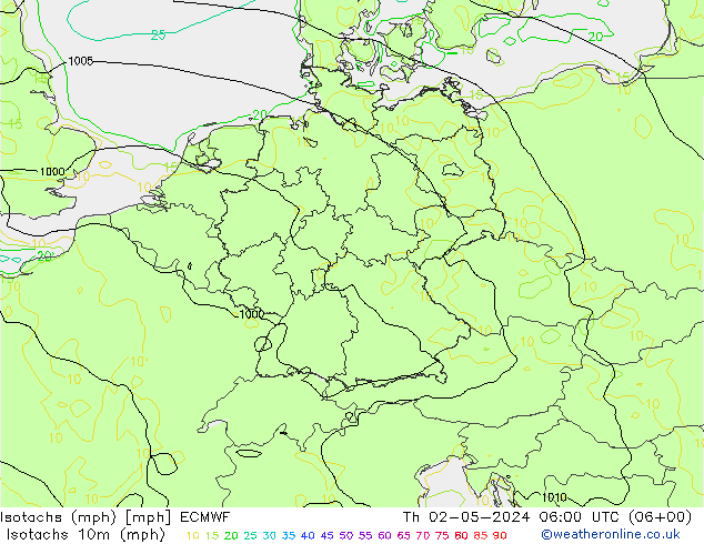 Isotachen (mph) ECMWF Do 02.05.2024 06 UTC