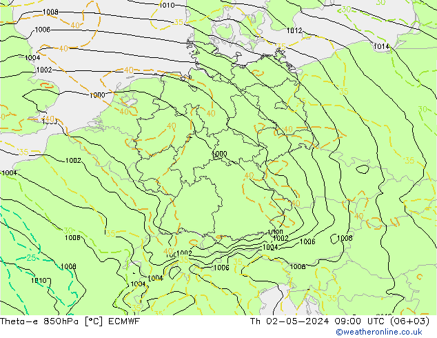 Theta-e 850hPa ECMWF 星期四 02.05.2024 09 UTC