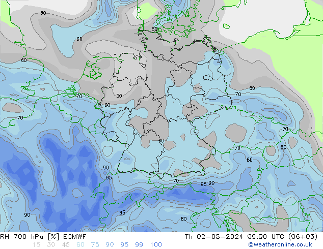 RH 700 hPa ECMWF czw. 02.05.2024 09 UTC