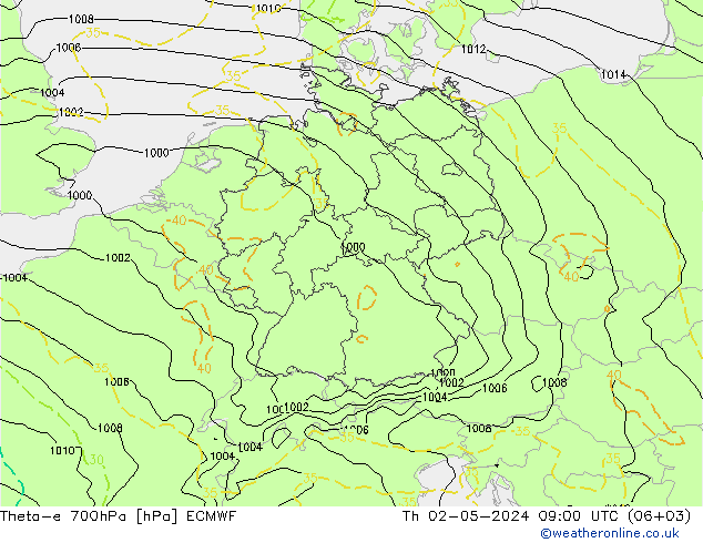 Theta-e 700hPa ECMWF 星期四 02.05.2024 09 UTC