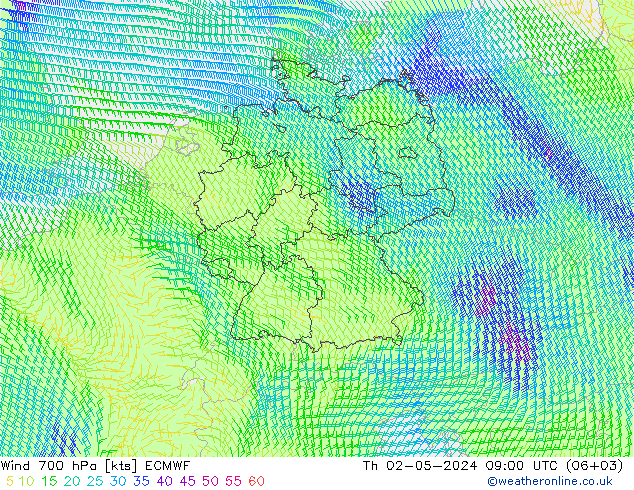 风 700 hPa ECMWF 星期四 02.05.2024 09 UTC