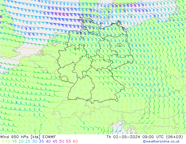 风 950 hPa ECMWF 星期四 02.05.2024 09 UTC