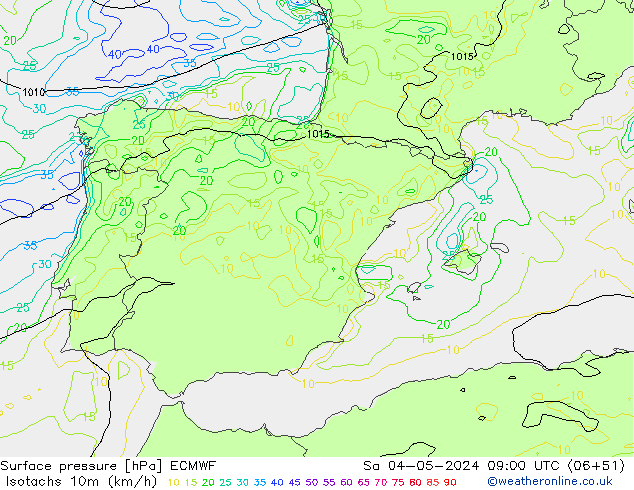 Isotachen (km/h) ECMWF za 04.05.2024 09 UTC
