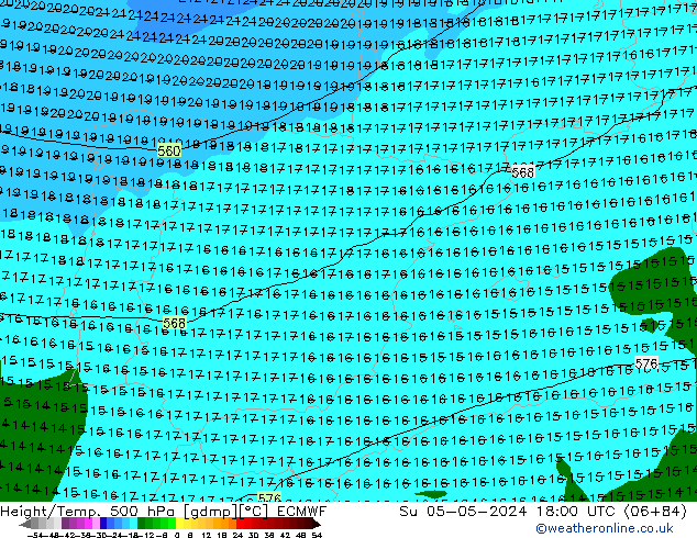 Z500/Yağmur (+YB)/Z850 ECMWF Paz 05.05.2024 18 UTC