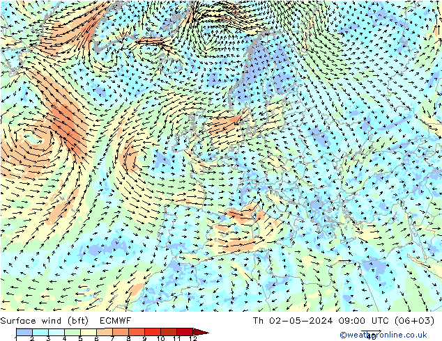 Surface wind (bft) ECMWF Th 02.05.2024 09 UTC