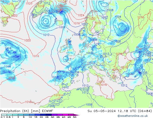 Z500/Rain (+SLP)/Z850 ECMWF Su 05.05.2024 18 UTC