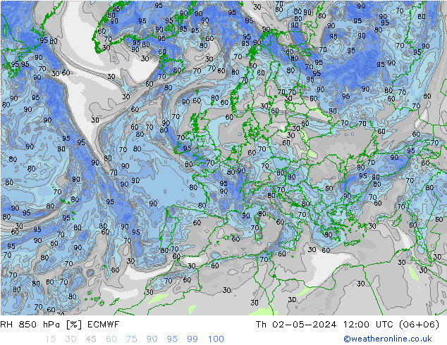 RH 850 hPa ECMWF gio 02.05.2024 12 UTC