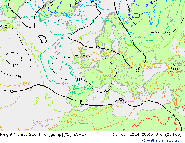 Height/Temp. 850 hPa ECMWF Th 02.05.2024 09 UTC