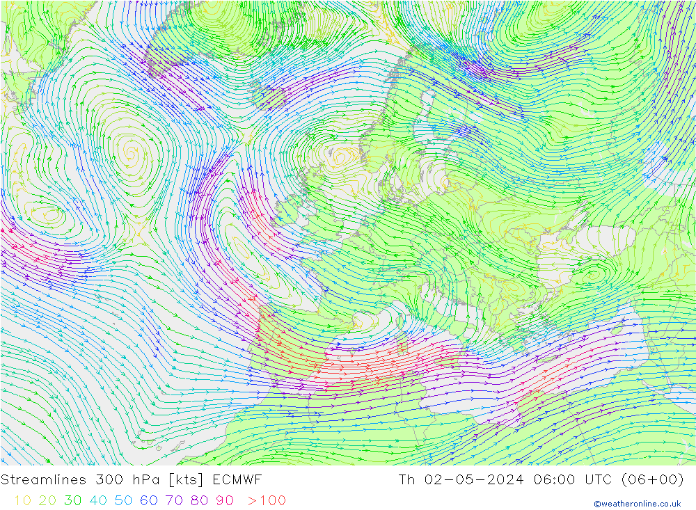 Streamlines 300 hPa ECMWF Th 02.05.2024 06 UTC