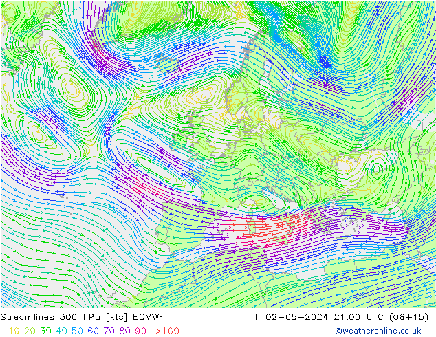 Streamlines 300 hPa ECMWF Čt 02.05.2024 21 UTC